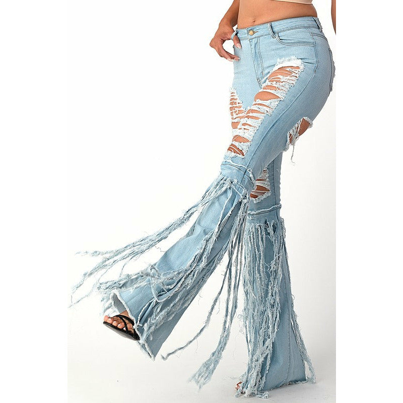 Women's High Waisted Ripped Jeans Cut Out Destroyed Frayed Tassels  Distressed Denim Pants Fashion Personality Street Trend Fringe Flared Jeans  