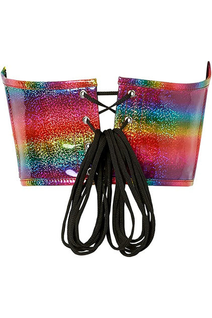 Daisy Corsets Top Drawer Rainbow Glitter PVC & Black Fishnet Steel