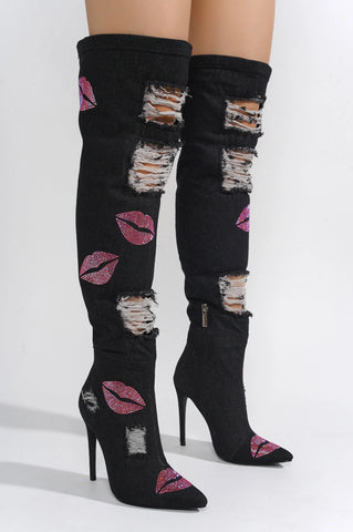 Kiss Me Thigh High Rhinestone Destroyed Boots