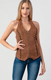 Suede Sleeveless Zipper Top with Halter