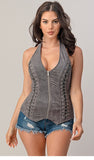 Suede Sleeveless Zipper Top with Halter