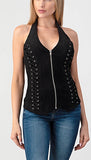 Suede Sleeveless Zipper Top with Halter