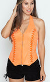 Suede Sleeveless Zipper Top with Halter