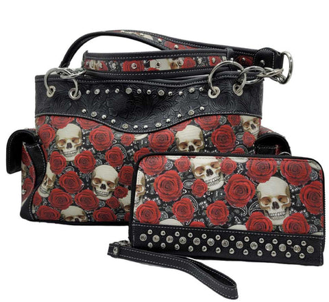 Roses & Skull Carry Shoulder Handbag