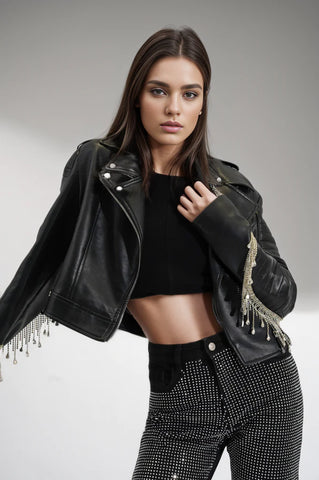 Charis Double Breasted Faux Leather Jacket with Rhinestone
