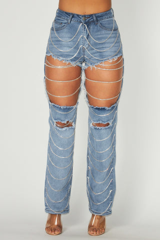 Chain Detail Rhinestone Cut Out Jeans