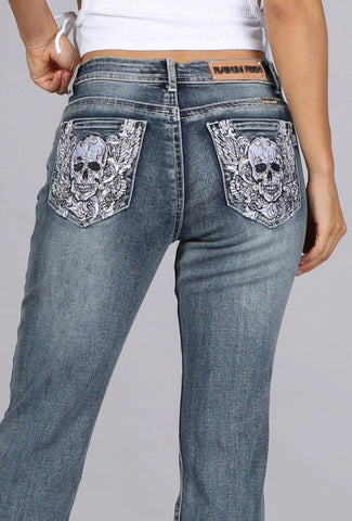 Platinum Plush “Embraced” Skull And Wing Rhinestone Pocket Jean