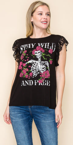 Skull & Roses Graphic Lace Top