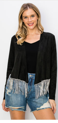 Rhinestone Fringe Hem Suede Jacket