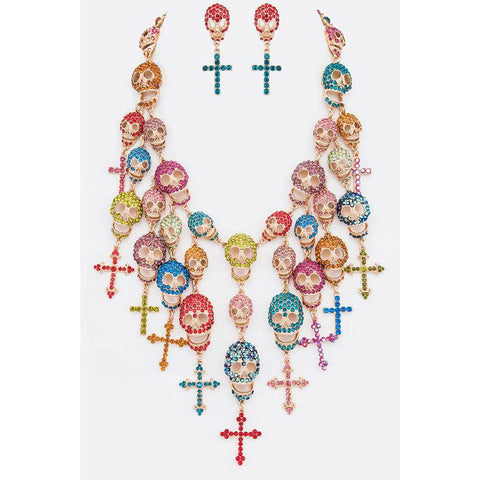 Crystal Cross And Skull Statement Necklace Set