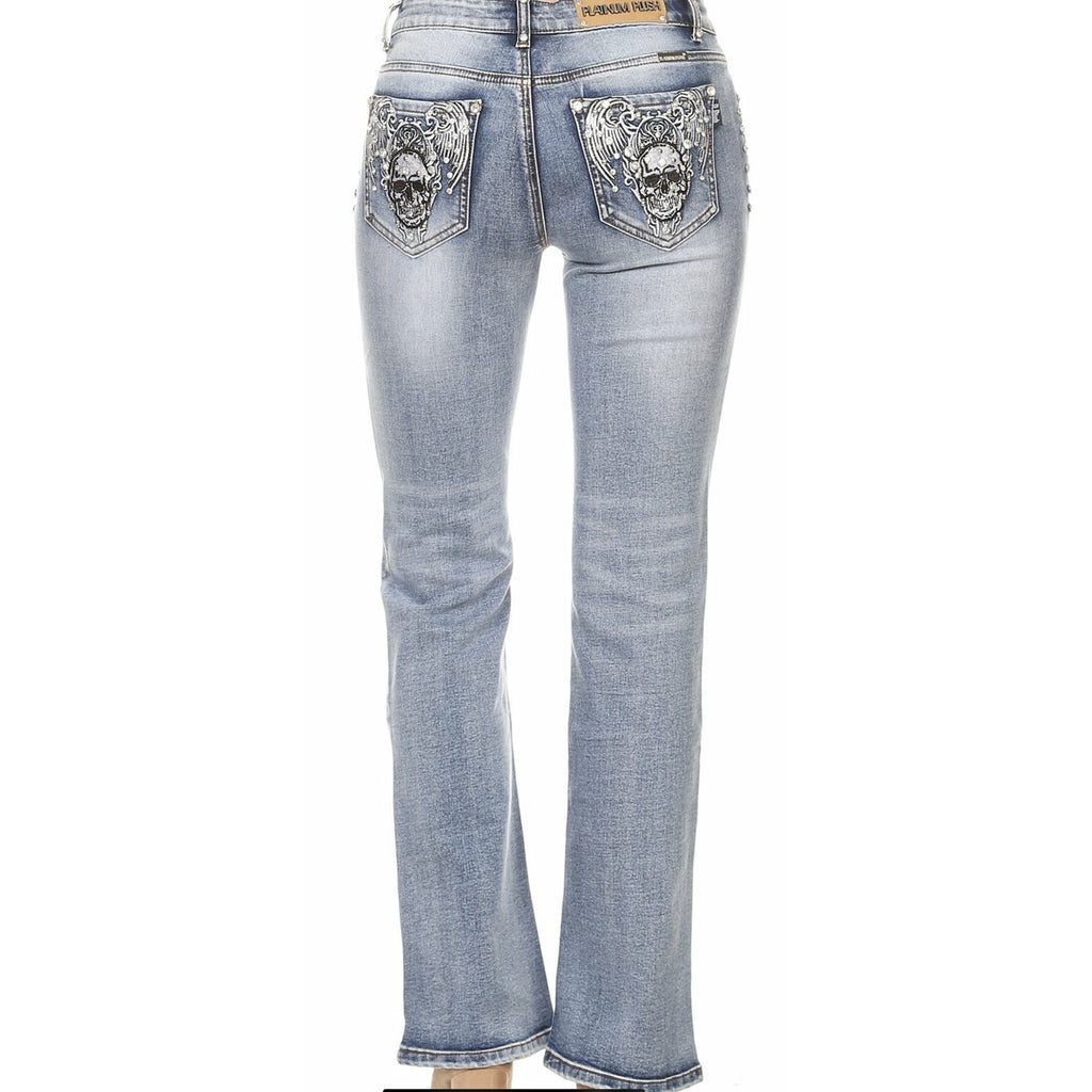 Platinum Plush Flash Skull Wing Rhinestone Embellished Jeans Plus 19