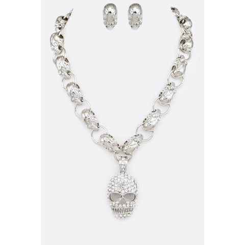 Crystal Skull Pendant Statement Necklace Set