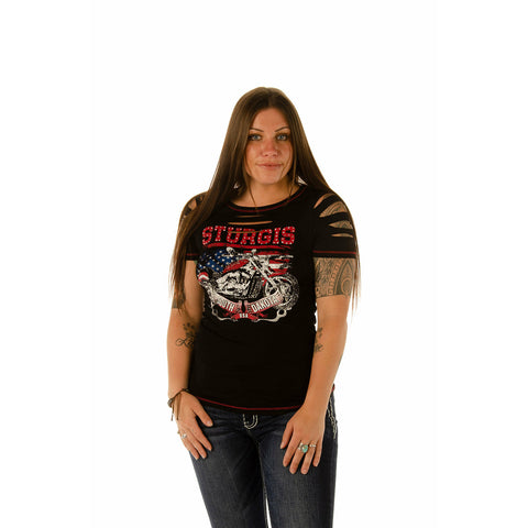 Camiseta de cuello redondo Sturgis Patriotic Motorcycle 