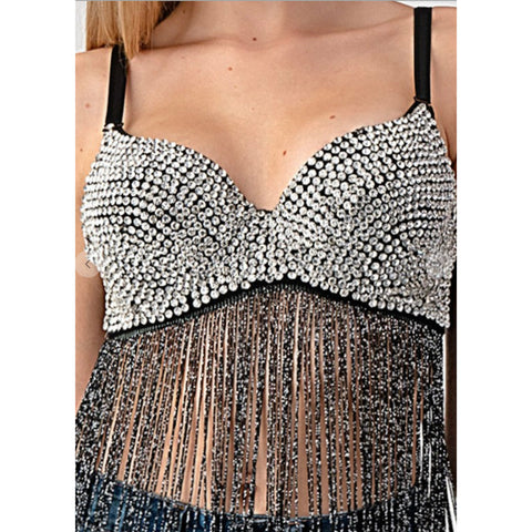 Rhinestone Bra with Fringed Dress