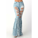 Destroyed Flare Denim Pants with Fringe Bottom