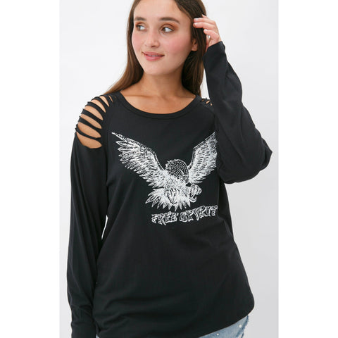 New VOCAL Womens PLUS SIZE BLACK ANGEL WINGS LASER CUT COTTON SHIRT 1X 2X  3X USA