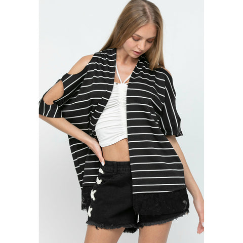 Vocal Striped Cold Shoulder Vest Cardigan