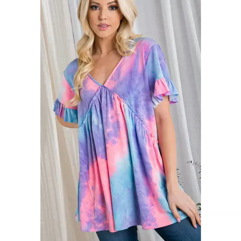 Ruffled Multicolored Tie Dye Babydoll Top