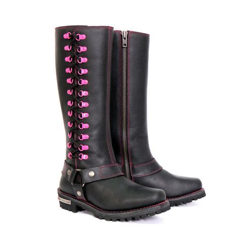 14” Pink Accent Biker Knee High Harness Boot
