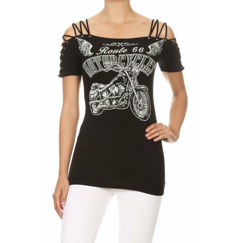 Route 66 Biker Graphic Adjustable Eyelet String Short Sleeve Top