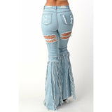 Destroyed Flare Denim Pants with Fringe Bottom