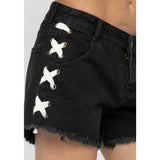 Vocal Side Tie Denim Frayed Shorts