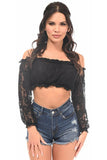 Black Lined Lace Long Sleeve Peasant Top