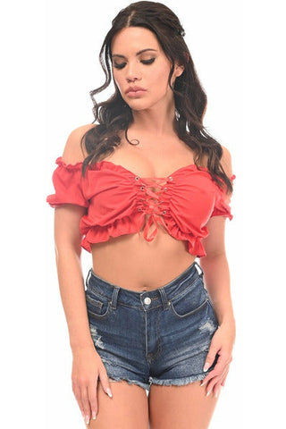 Red Lycra Lace-Up Front Peasant Top