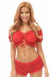 Red Lycra Lace-Up Front Peasant Top