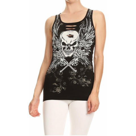 Camiseta sin mangas con estampado de tatuaje y encaje de calavera