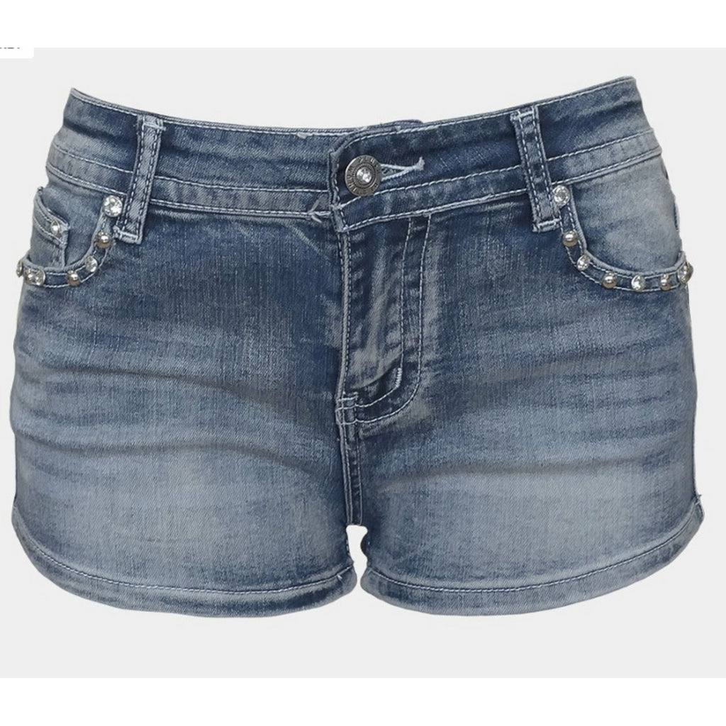 Ladies Rhinestone Denim Shorts with Motorcycle Design on Pocket #4547