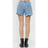 Vocal Side Tie Denim Frayed Shorts