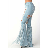 Destroyed Flare Denim Pants with Fringe Bottom