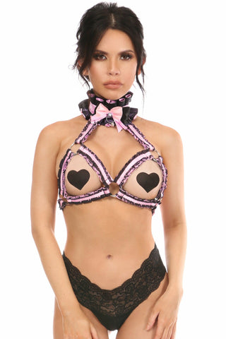 Kitten Collection Lt Pink/Black Lace Bra Top Body Harness