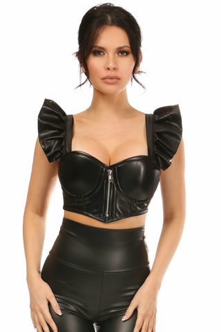 Lavish Black Faux Leather Underwire Bustier Top w/Removable Ruffle Sleeves