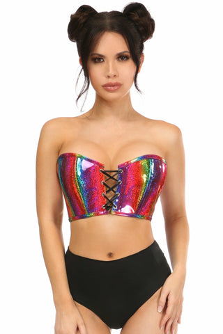 Lavish Rainbow Glitter PVC Lace-Up Bustier Top