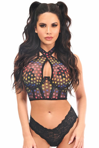 Lavish Rainbow Stars Mesh Underwire Cincher w/Built In Halter Top