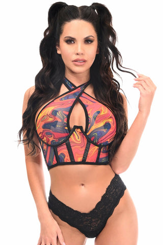 Lavish Orange Tie-Dye Mesh Underwire Cincher w/Built In Halter Top