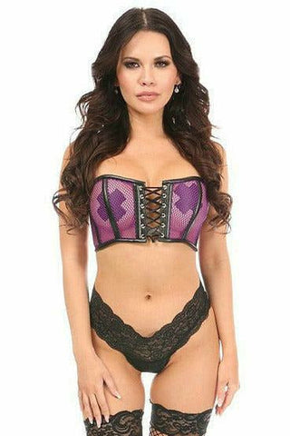 Lavish Purple Fishnet & Faux Leather Lace-Up Short Bustier Top - Daisy Corsets