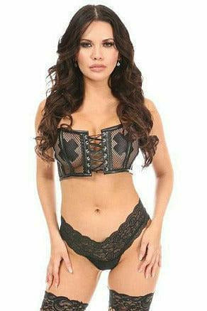 Lavish Black Fishnet & Faux Leather Lace-Up Short Bustier Top - Daisy Corsets