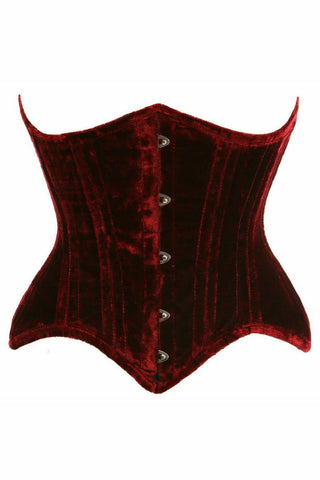 Top Drawer Dark Red Crushed Velvet Double Steel Boned Curvy Cut Waist Cincher Corset - Daisy Corsets