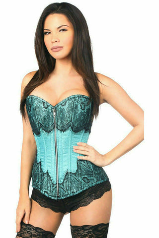 Top Drawer Teal Brocade Steel Boned Corset w/Black Eyelash Lace