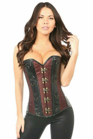 Top Drawer Brown Brocade & Faux Leather Steel Boned Corset - Daisy Corsets